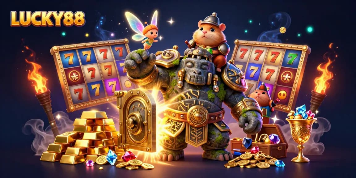 Engage with LUCKY88's vibrant 3D fantasy scene featuring slot reels and golden treasures.