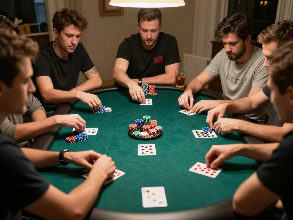 Engaging home poker night scene with friends at the table playing Lu88 poker, showcasing excitement and strategy.