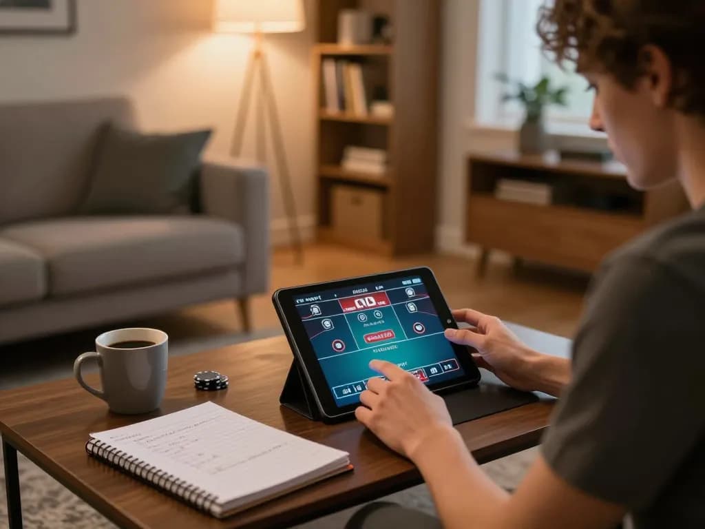 Engaging in online poker at home using LINK DA88 on a tablet, capturing strategic gameplay and a cozy atmosphere