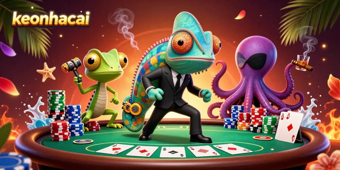 Bet on keonhacai with a vibrant 3D gaming scene featuring a chameleon agent and golden gadgets.