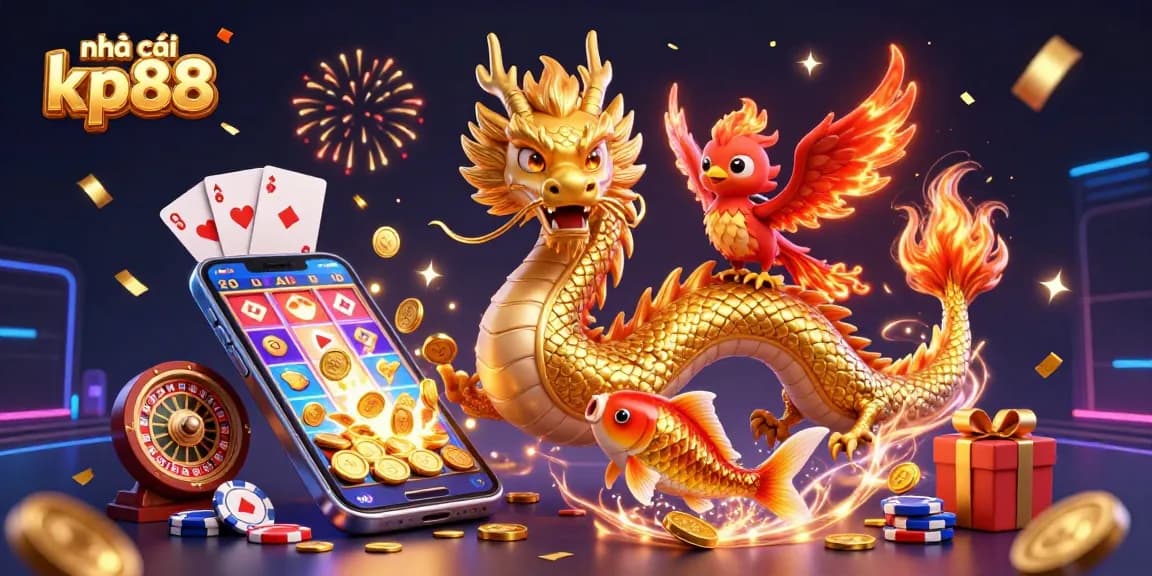Play exciting games at nhà cái kp88 with golden dragon and phoenix amidst vibrant casino elements.