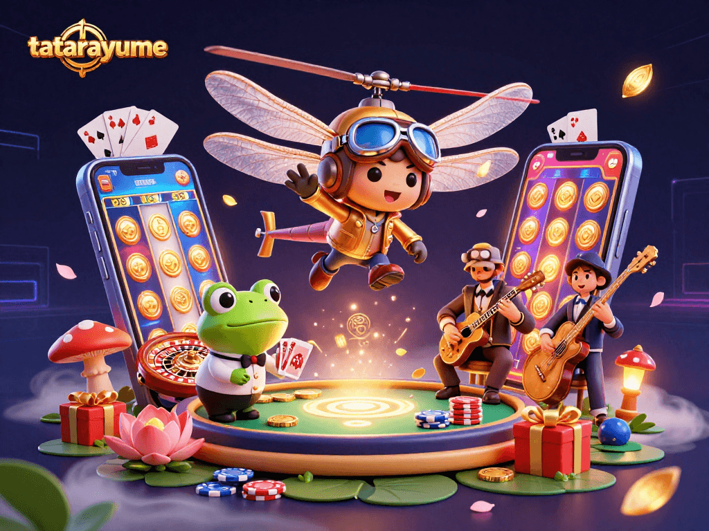tatarayume showcases a vibrant casino scene with a dragonfly pilot and frog dealer amidst animated games.