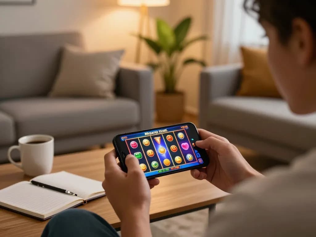 Berinteraksi dengan slot online mejavip di smartphone, suasana rumah yang nyaman dengan pencahayaan hangat dan catatan strategi.