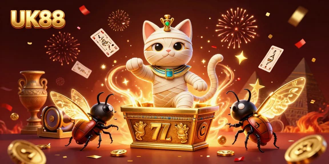 Engage with thrilling games at UK88, featuring vibrant symbols and characters in a dynamic casino scene.