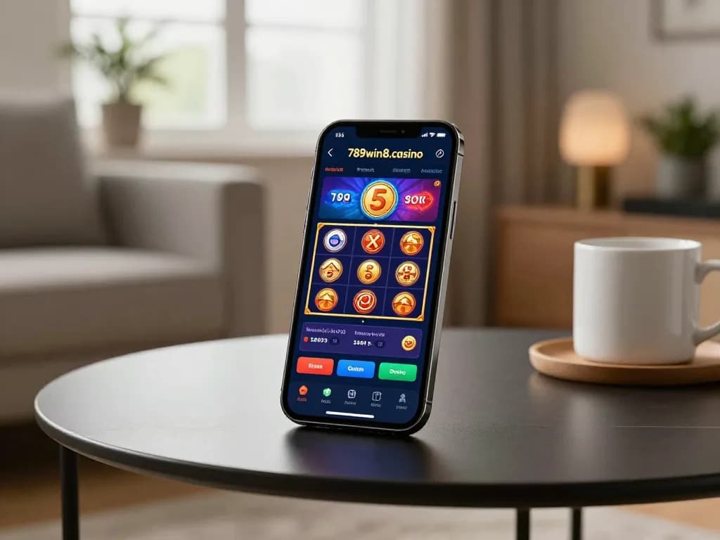 Engaging with the 789win8.casino app on smartphone amidst a cozy home environment.