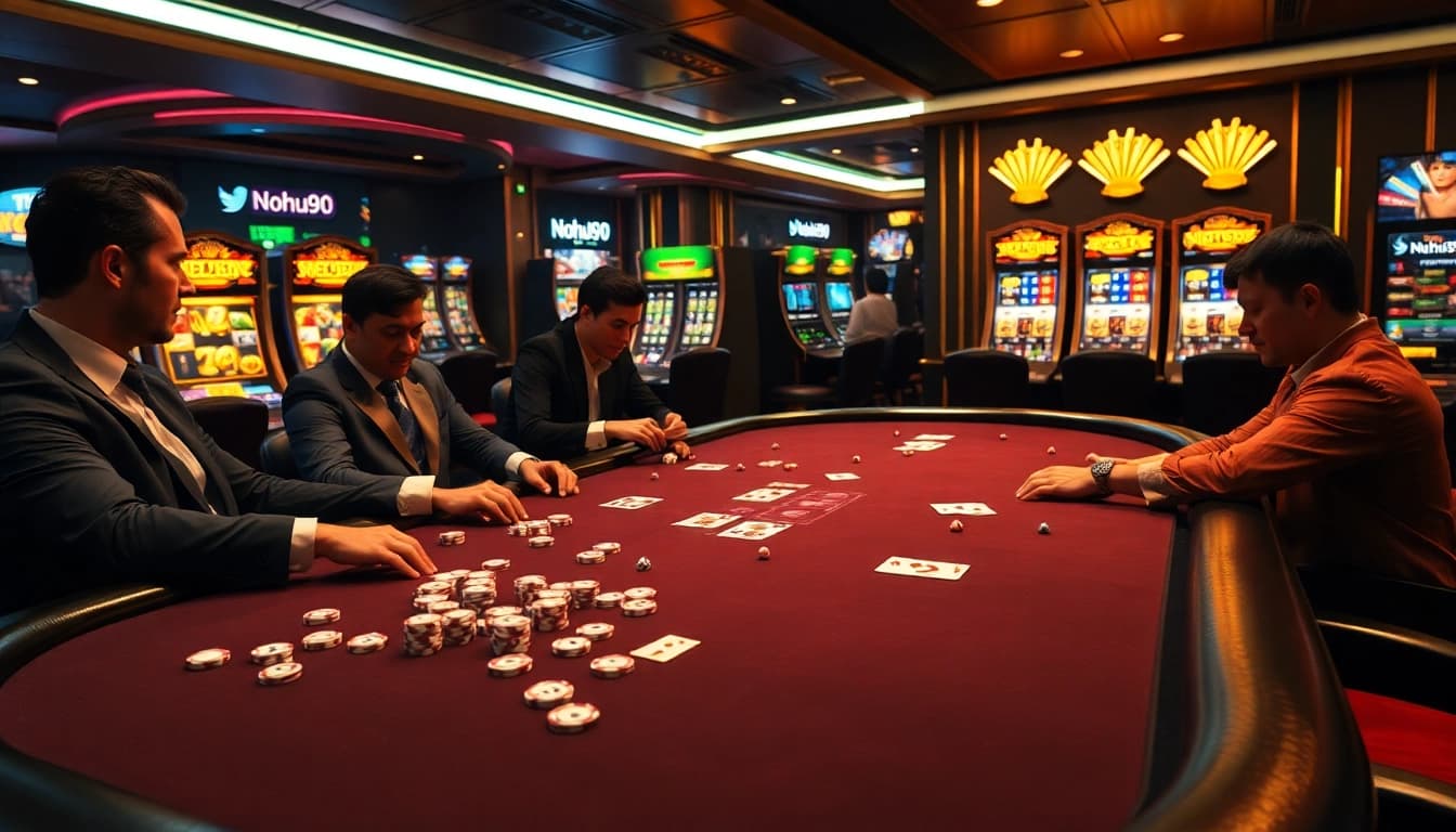 Nohu90 showcases thrilling poker action with vibrant chips and casino games.