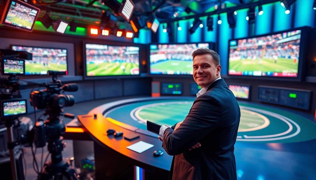 Sports Broadcasting studio with a live commentator engaging viewers and vibrant screens.