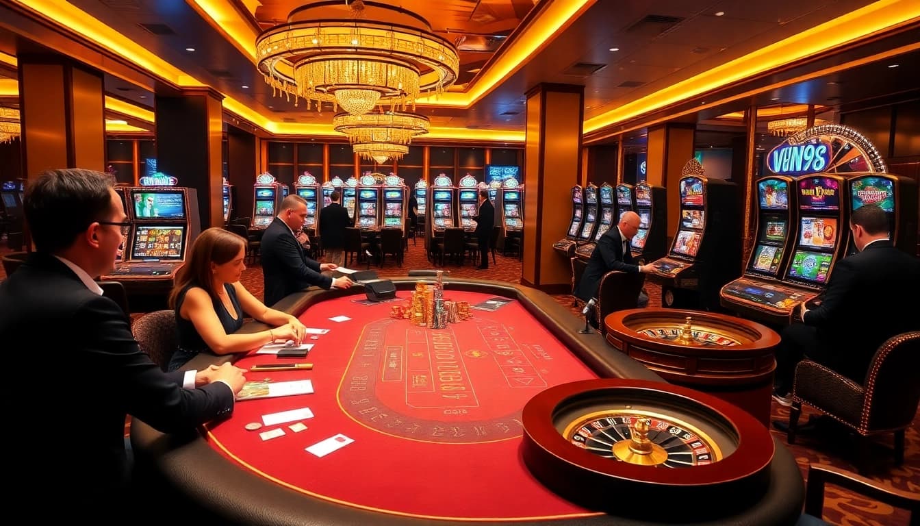 Experience thrilling action at https://vin88zone.club/ with luxurious casino visuals featuring poker tables, slots, and roulette wheels.