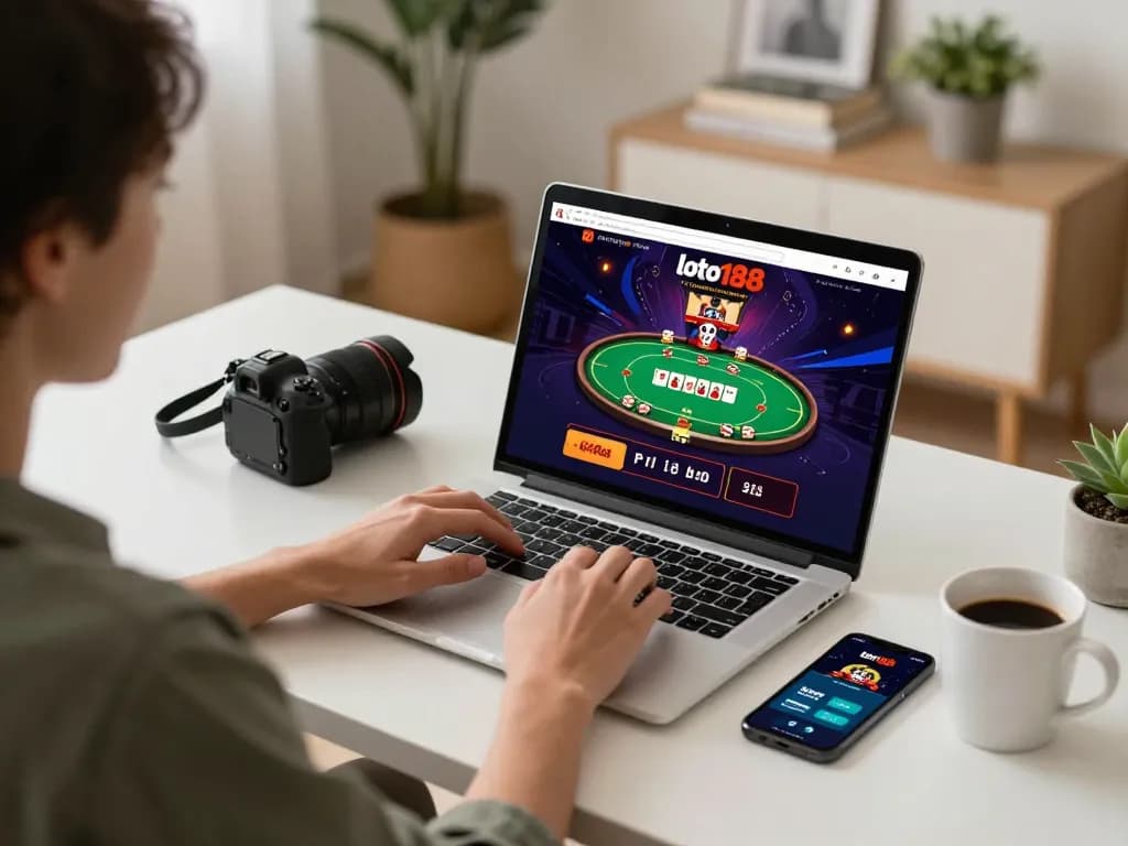 Player engaging with the loto188 online casino on a laptop, showcasing vibrant poker gameplay and responsible gambling setup.