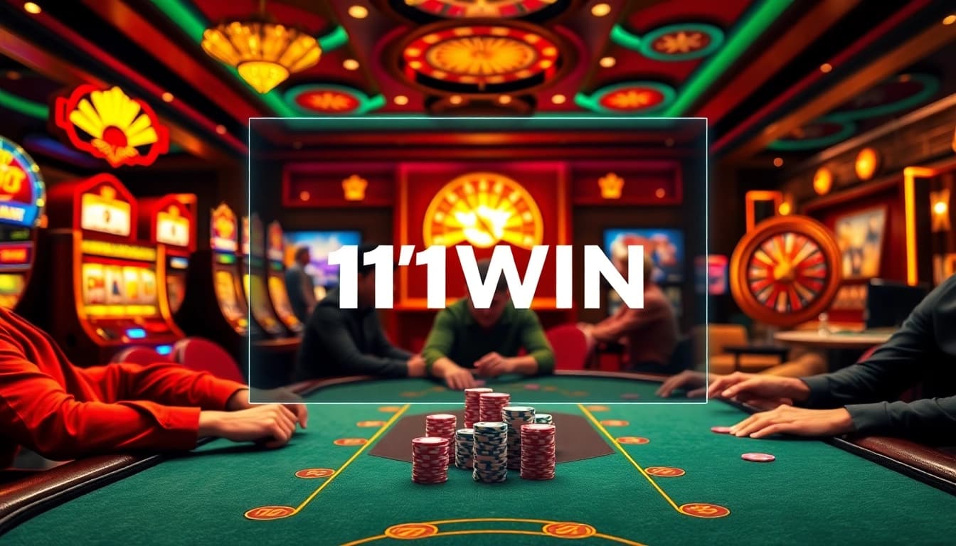 11WIN logo glimmers over a vibrant poker table full of colorful chips and excited players.