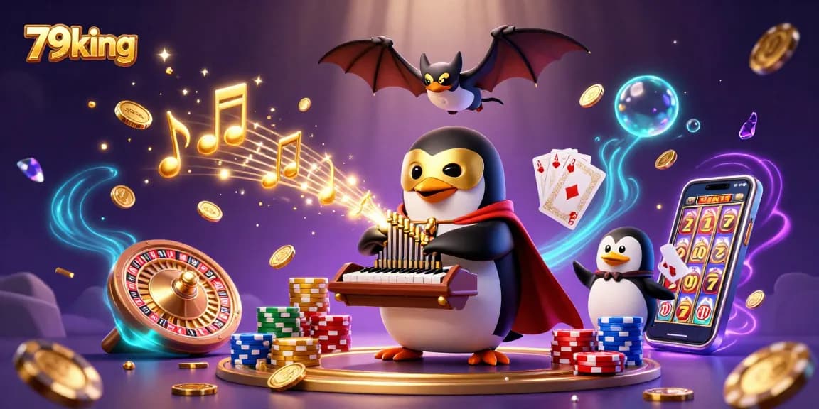 Experience thrilling gameplay with 79king as a phantom opera penguin plays a golden organ, surrounded by casino riches.