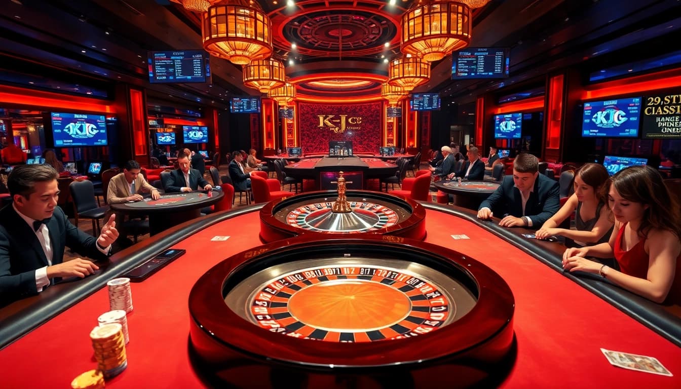 Engage in KJC's thrilling casino experience featuring a vibrant roulette wheel and energized players.