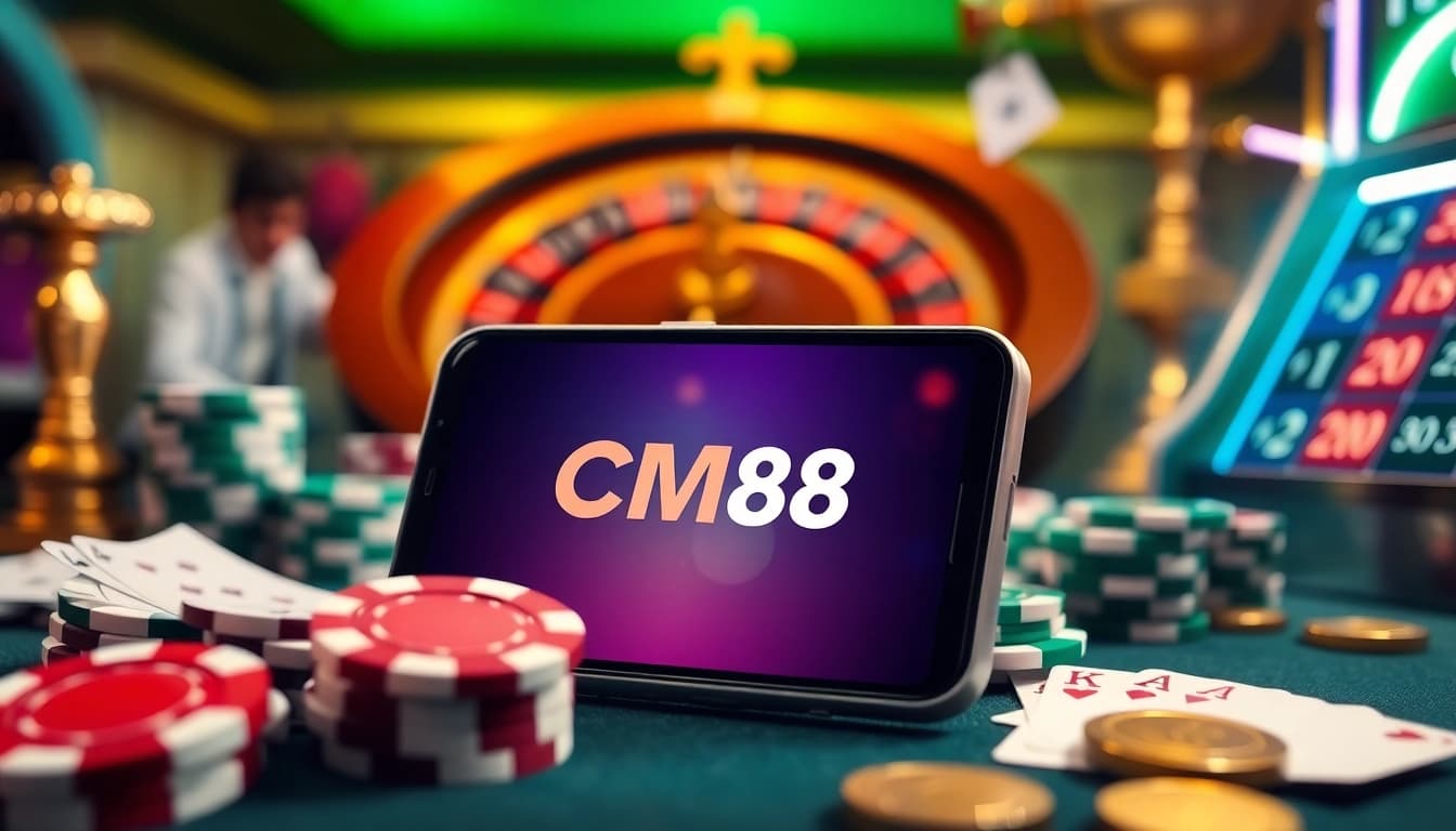 Tải app CM88 for effortless gambling experience with poker chips, cards, and casino elements