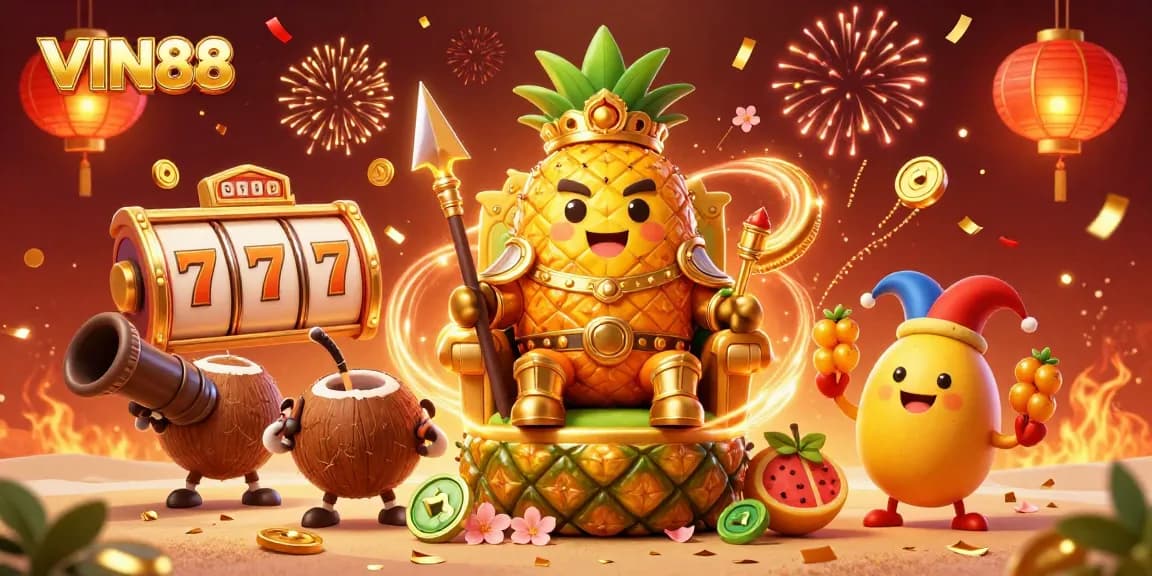 Experience the vibrant energy of VIN88 with a golden pineapple king and dynamic casino elements.