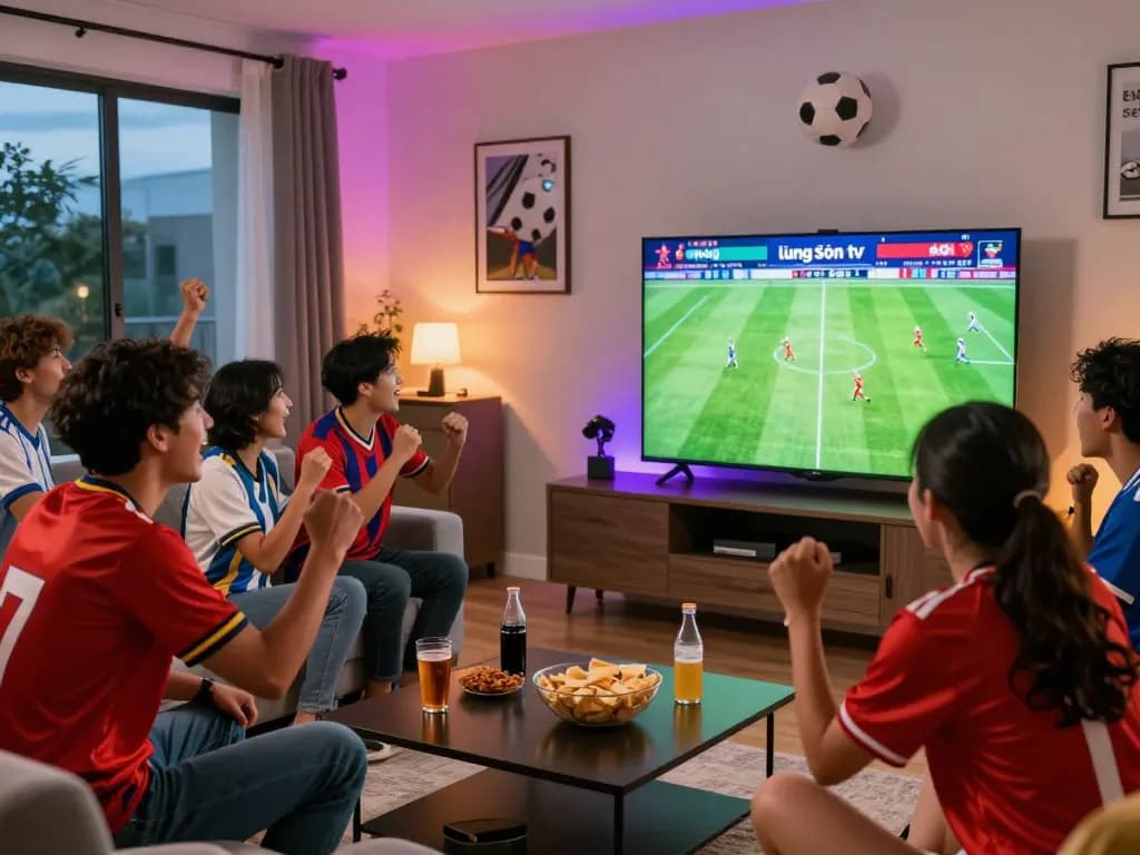 Friends enjoying a live football match on lương sơn tv in a cozy setting.