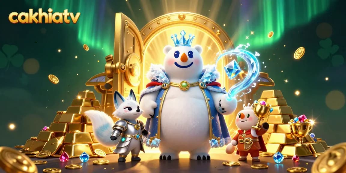 Cakhiatv offers an exciting 3D illustration with a whimsical ice king and snow fox, surrounded by splendid casino treasures.