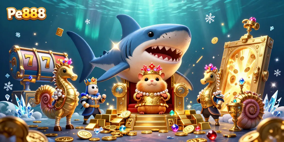 Experience the thrill of Pe888 with a vibrant casino scene featuring a hamster king and treasure around.