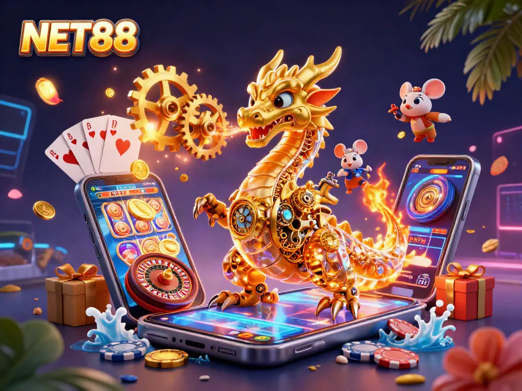 Engaging illustration showcasing NET88's casino atmosphere with a golden dragon amidst casino elements.
