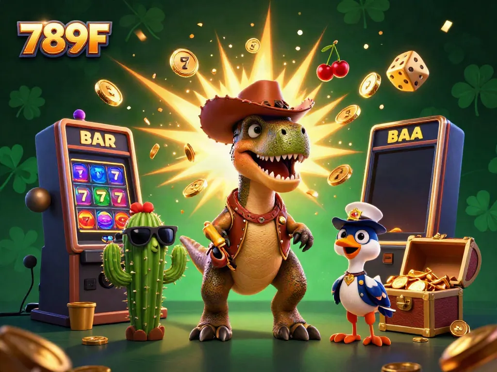 Experience excitement at 789F with colorful slots and animated casino characters.