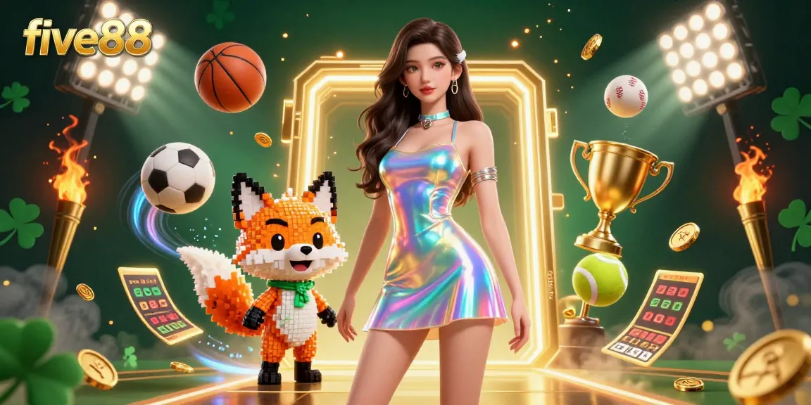 Bet on five88 with exciting sports elements and a dazzling illustration of vibrant casino action.