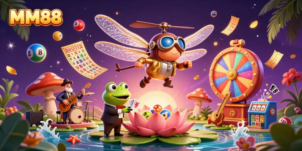 Spin exciting games at MM88's vibrant lily pad casino with animated characters.