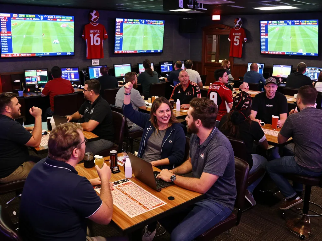Engaging scene of bettors placing kèo nhà cái wagers in a lively sports betting lounge, screens displaying live match odds, capturing excitement and strategy