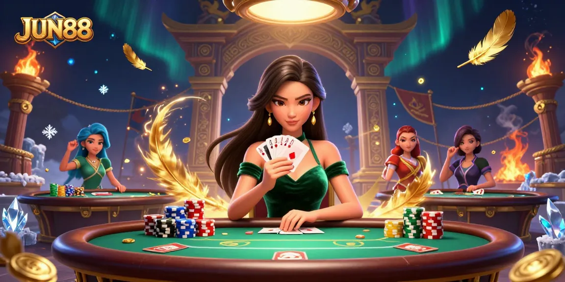 Experience the thrill of JUN88 as a skilled player holds cards at a luxurious poker table.