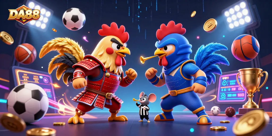 DA88 showcases an exciting rooster fight scenario with dynamic sports elements and vibrant casino atmosphere.