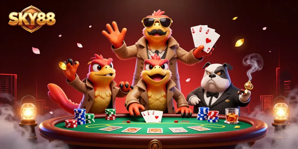 Engage in thrilling gameplay at SKY88 casino with colorful chips and poker actions.