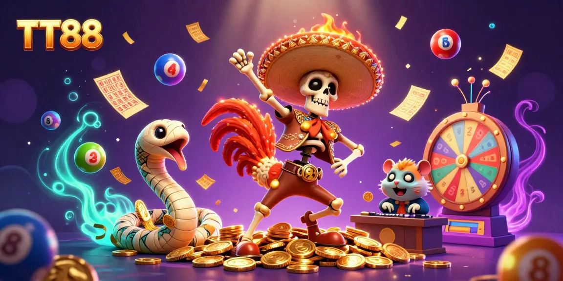 TT88 skeleton mariachi rooster celebrates victory amidst vibrant casino-themed elements.