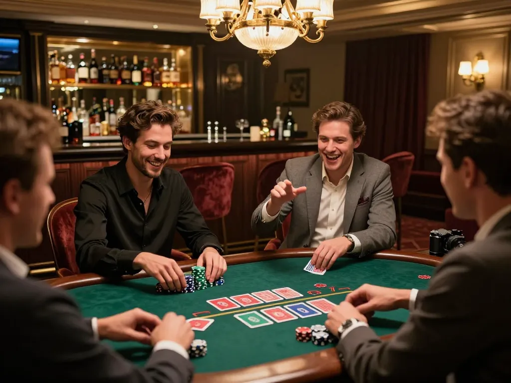 Engaged friends enjoying a game of blackjack at an upscale gaming table, showcasing vb88 excitement in a vibrant atmosphere.