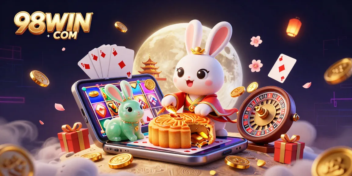 Engage with thrilling slots at 98WIN COM as the moon rabbit reveals jackpots and poker chips.