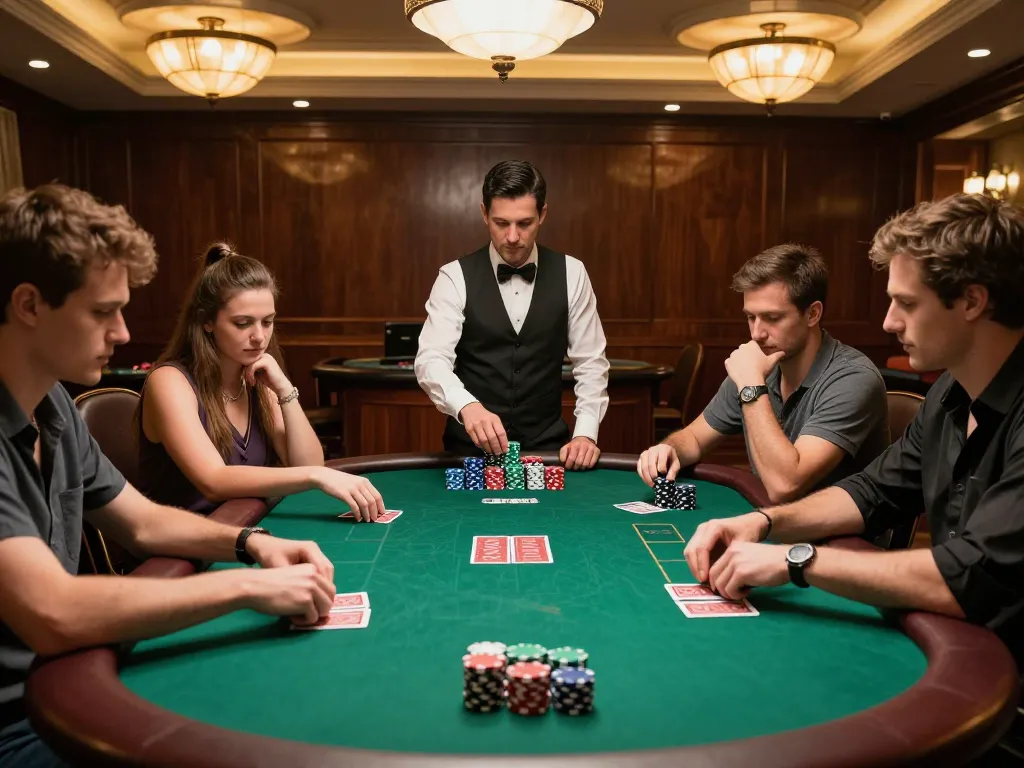 Players enjoying a thrilling poker game at an upscale casino showcasing 98WIN excitement and strategy.