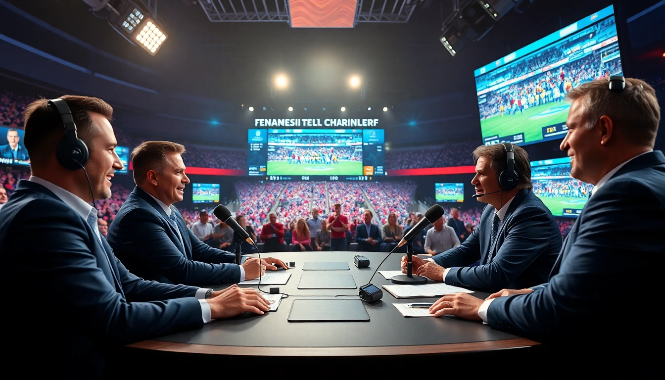 Engaging sports broadcasting scene with hosts analyzing live events and vibrant backgrounds.