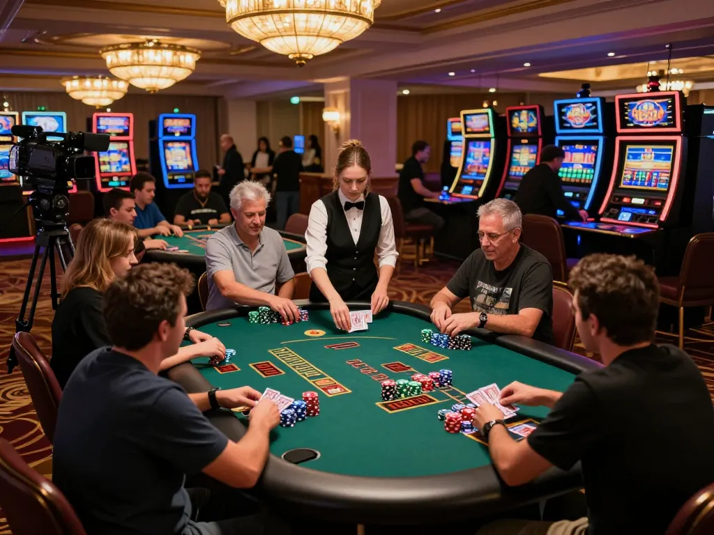Engaged players strategizing at blackjack table in lively casino showcasing GA88 gaming experience.