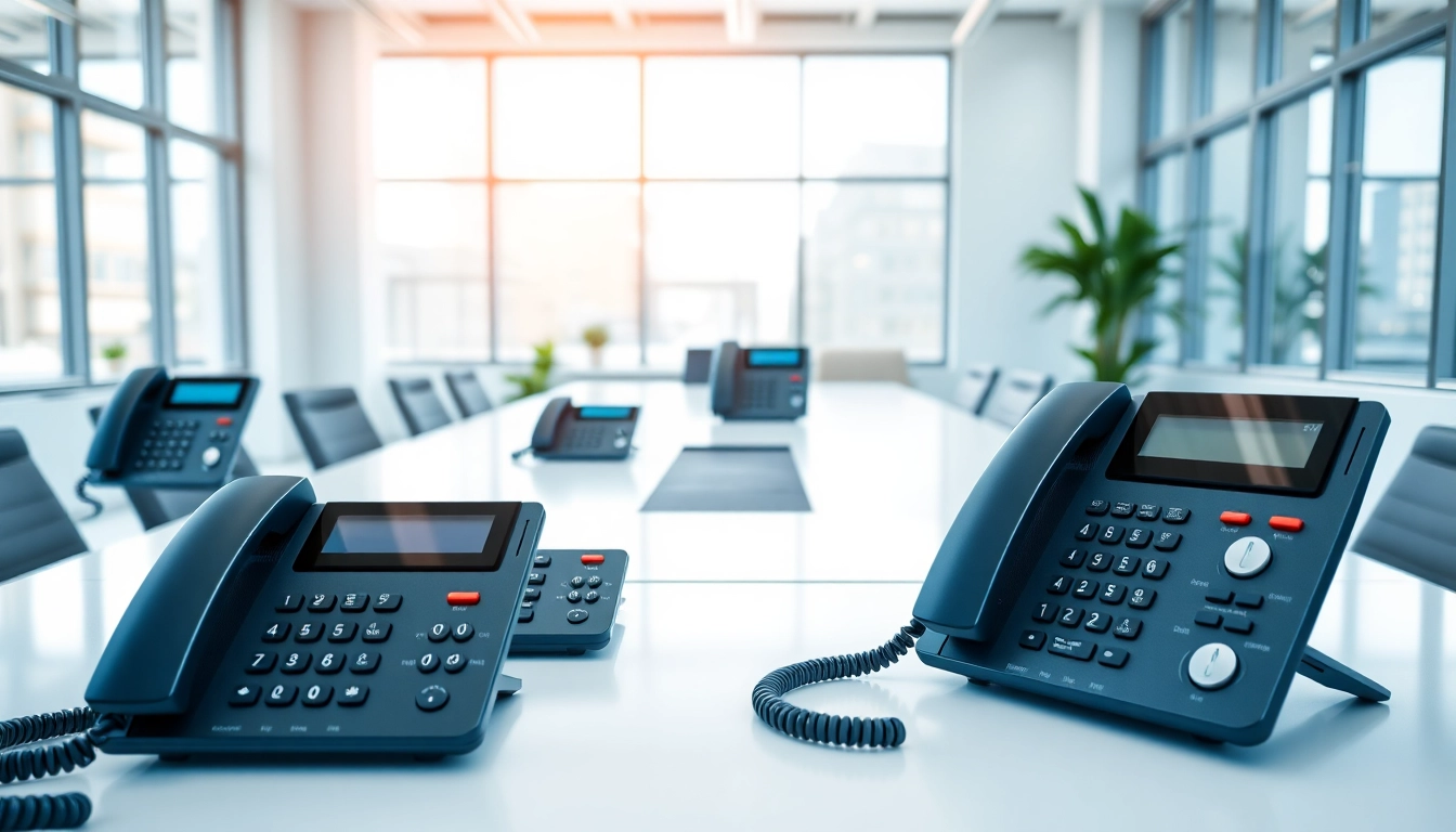 Showcasing telephone systems in a modern office setup with professional ambiance.