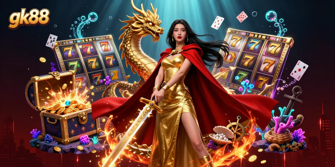 Play exciting gk88 slots with vibrant visuals of coins, slot reels, and a majestic warrior queen.