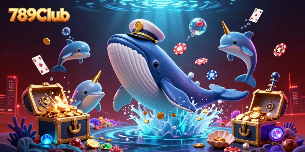 Experience thrilling games at 789Club with playful dolphins and a majestic whale in a treasure-filled casino environment.