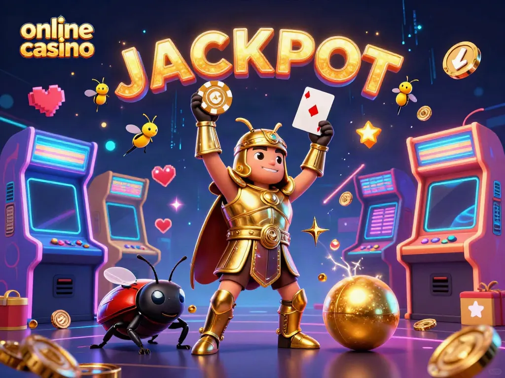 Engage with thrilling online casino games featuring a victorious beetle character lifting poker chips.