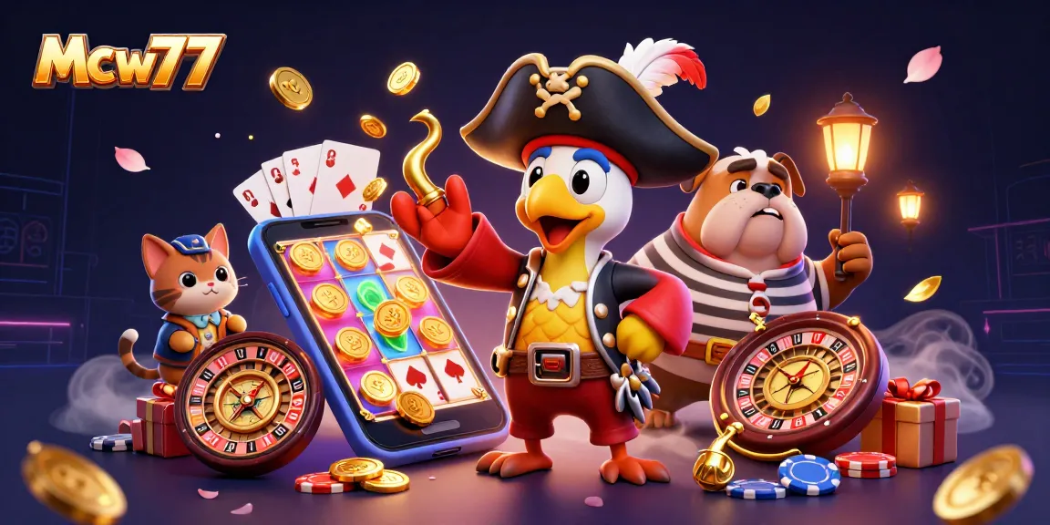 Engage with Mcw77's exciting casino games featuring a pirate captain giving orders in a colorful 3D slot scene.