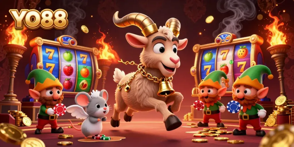 Experience the excitement of YO88's lively casino with cartoon Krampus and playful elves stealing chips.