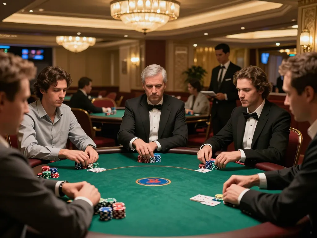 TA88 poker players engaged in strategic gameplay with vibrant chips on an elegant table.