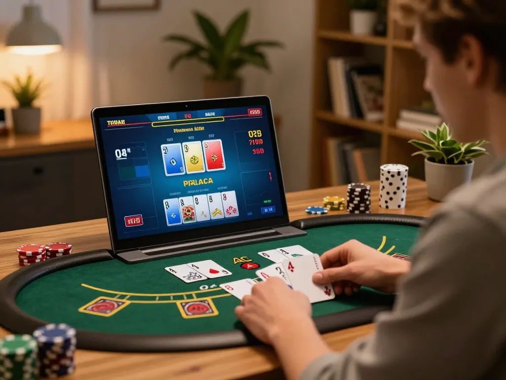 Engaging player strategizing during NK88 online blackjack game session at home