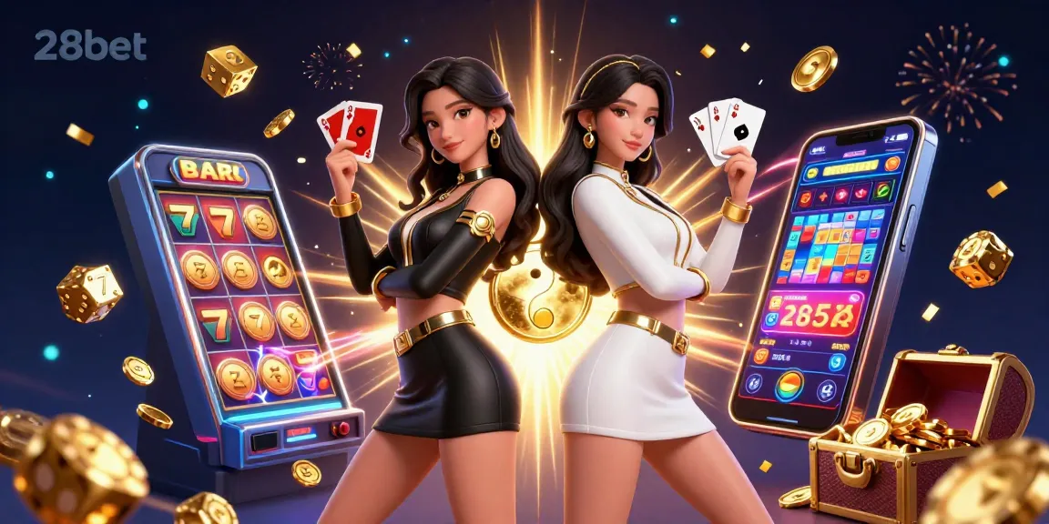 Engage with 28bet's vibrant 3D casino scene featuring twin Asian women and dynamic game elements.