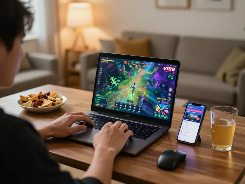 Engaging online gaming scene with vt88 on the laptop, showcasing responsible gambling atmosphere.