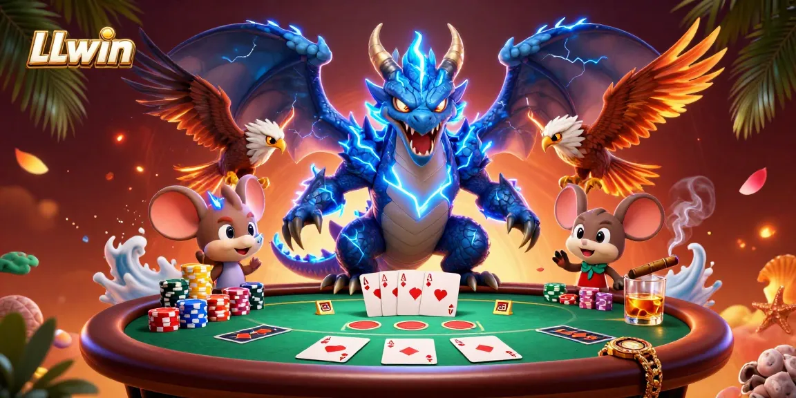 Engage with LLwin's dynamic card game scene featuring a powerful dragon and vibrant characters.
