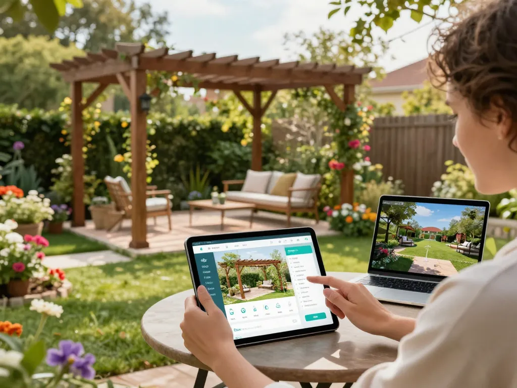 Pergola sales software in action, showcasing customizable designs in a vibrant garden setting.