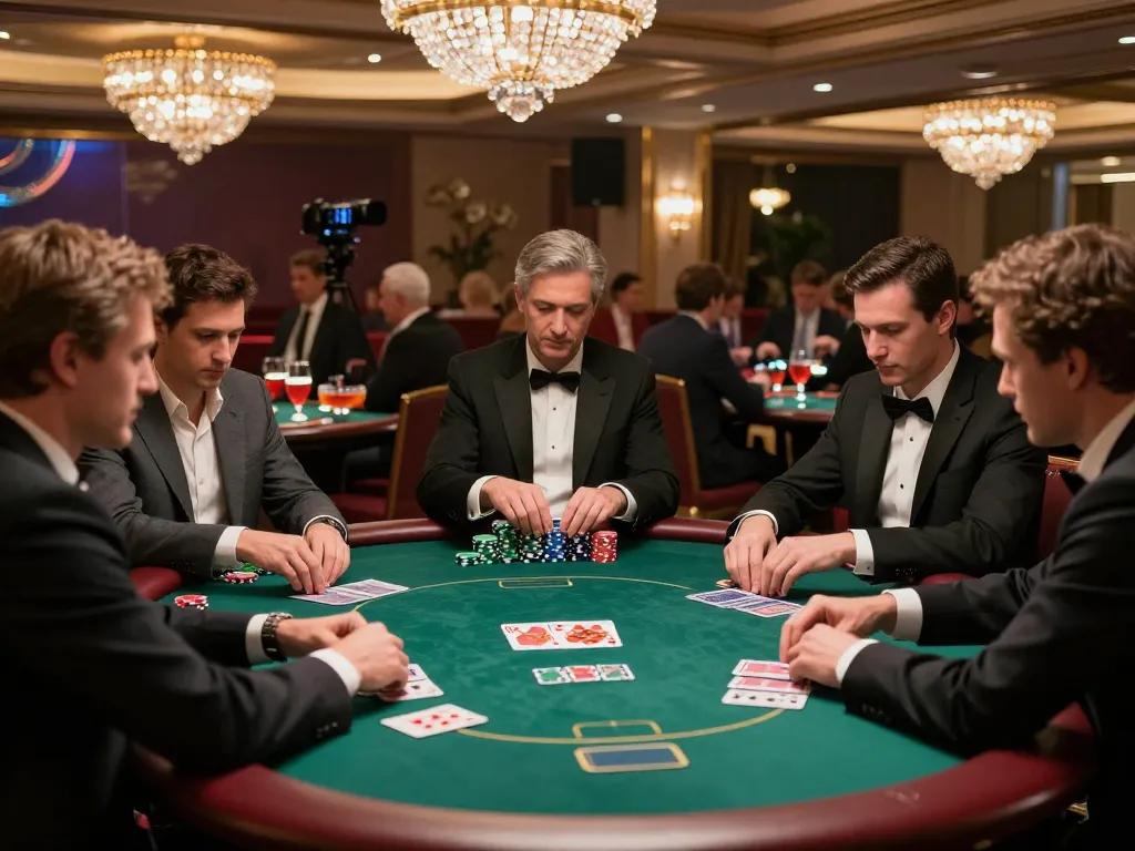 Tic88 players engaged in a high-stakes poker game in an elegant VIP casino setting