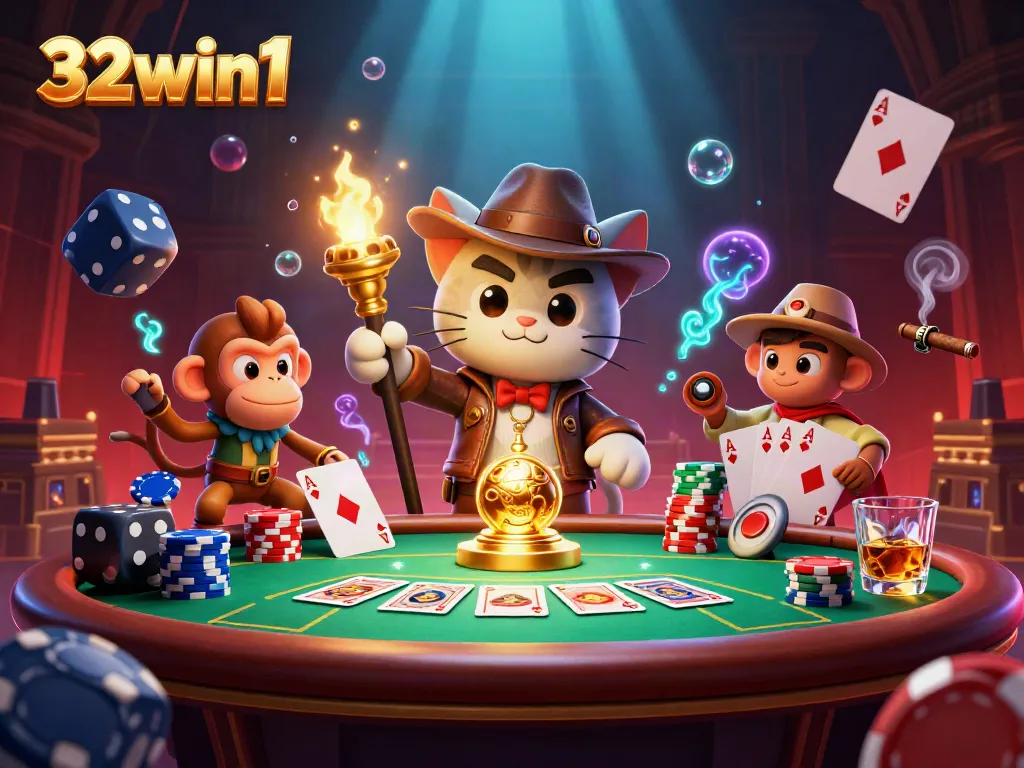 Explore the vibrant 32win1 casino scene with a cat archaeologist amid poker and casino treasures.