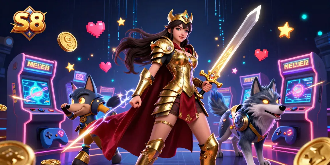 S8 offers thrilling gameplay with a stunning warrior and glowing wolf in a vibrant casino scene.